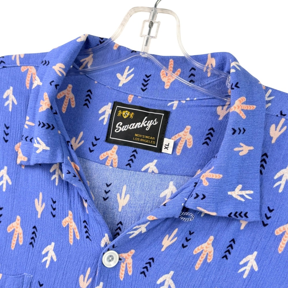 Swankys Crinkle Crepe Camp Shirt Men XL Blue Short Sleeve Pocket Boho Retro L.A. - Picture 2 of 11